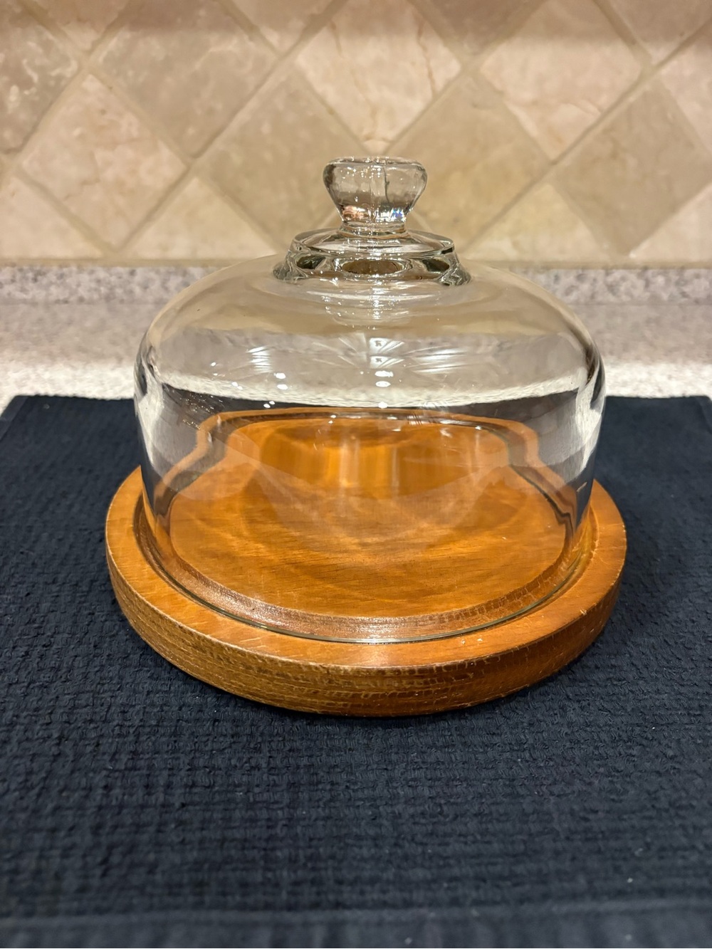 Vintage GOODWOOD Small TEAK CHEESE TRAY Wood Plate with Heavy GLASS DOME Lid